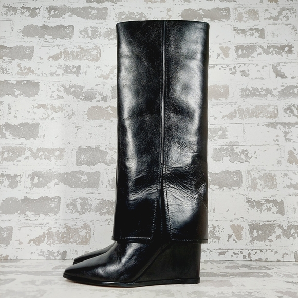 New Vince Camuto Tibani Black Leather Foldover Shaft Knee High Boot M78